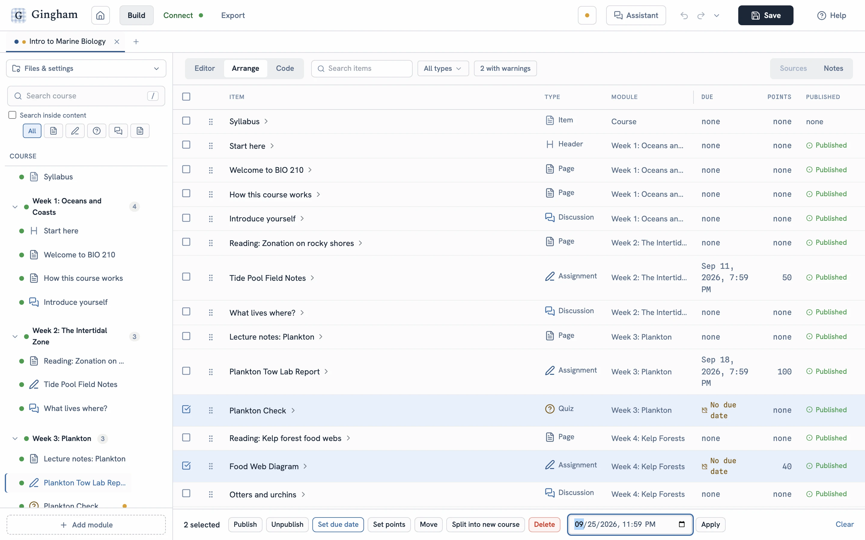 Arrange: every item in a table with its type, module, due date, points and publish state. Two graded items with no due date are selected, and one due date is about to be set on both.