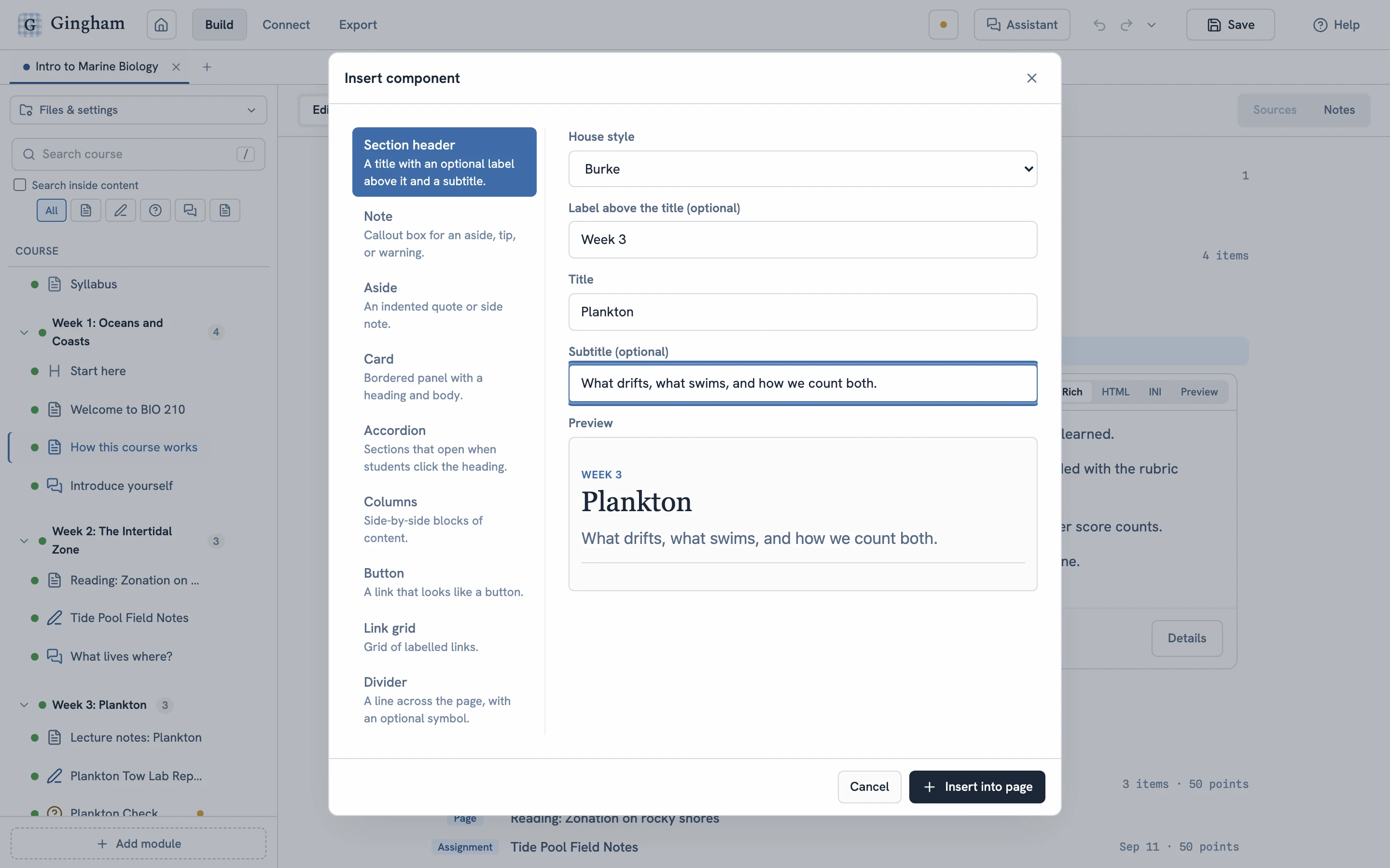 The Insert component dialog: a list of page components on the left, the section header chosen, its fields filled in, and a preview of it in the Burke house style.