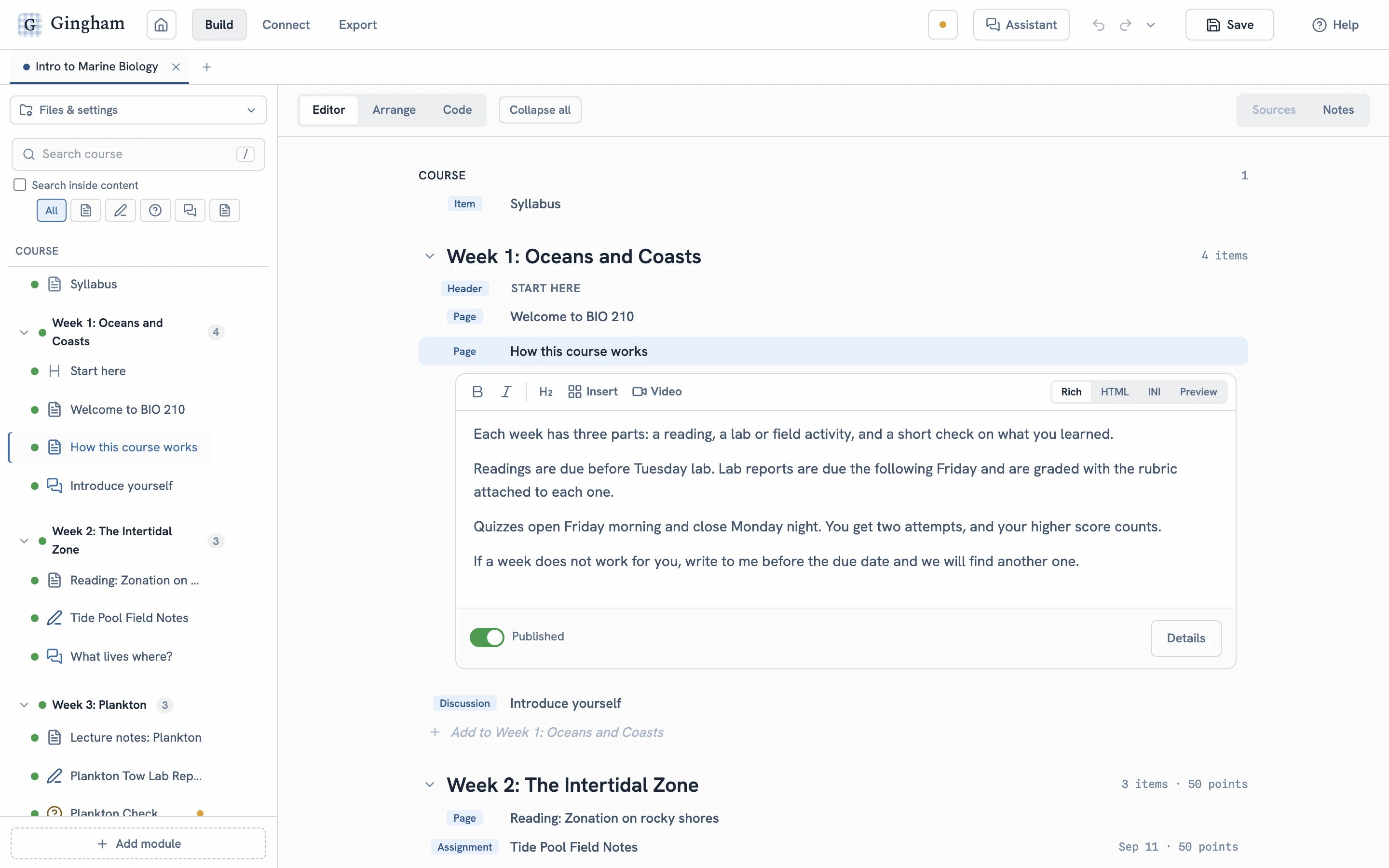 The Gingham Editor with the course Intro to Marine Biology: every module and item in one outline, and the page How this course works open for writing.