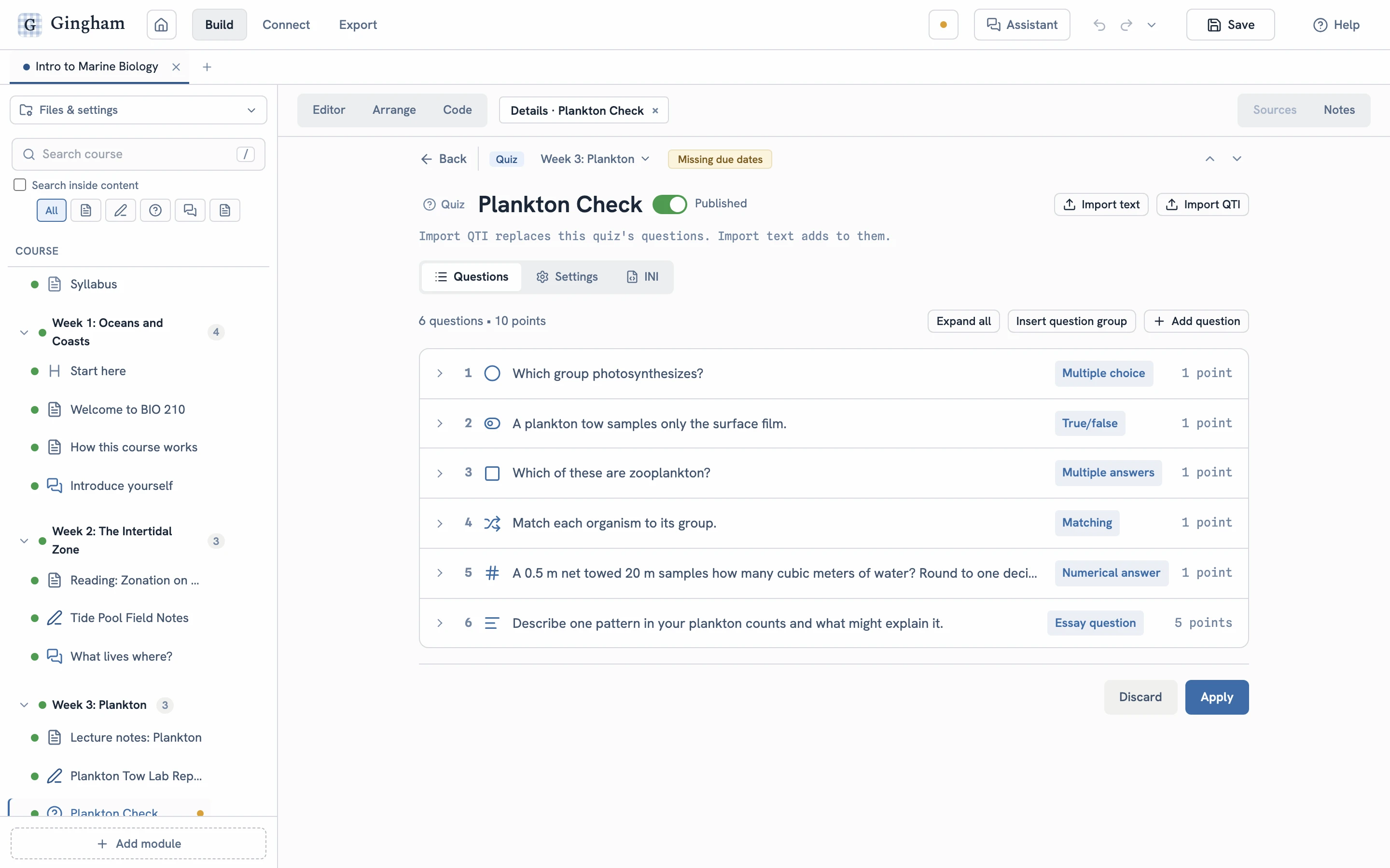 The editor for the quiz Plankton Check: six questions, each with its type (multiple choice, true/false, multiple answers, matching, numerical answer, essay) and its points.